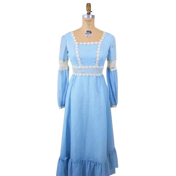 Vintage 70s Blue Maxi Dress Dotted Swiss Long Sleeves Bohemian RomanticW 26